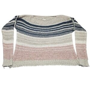 En Creme Sweater Small Open Knit Striped Distressed Grunge Boho Pullover